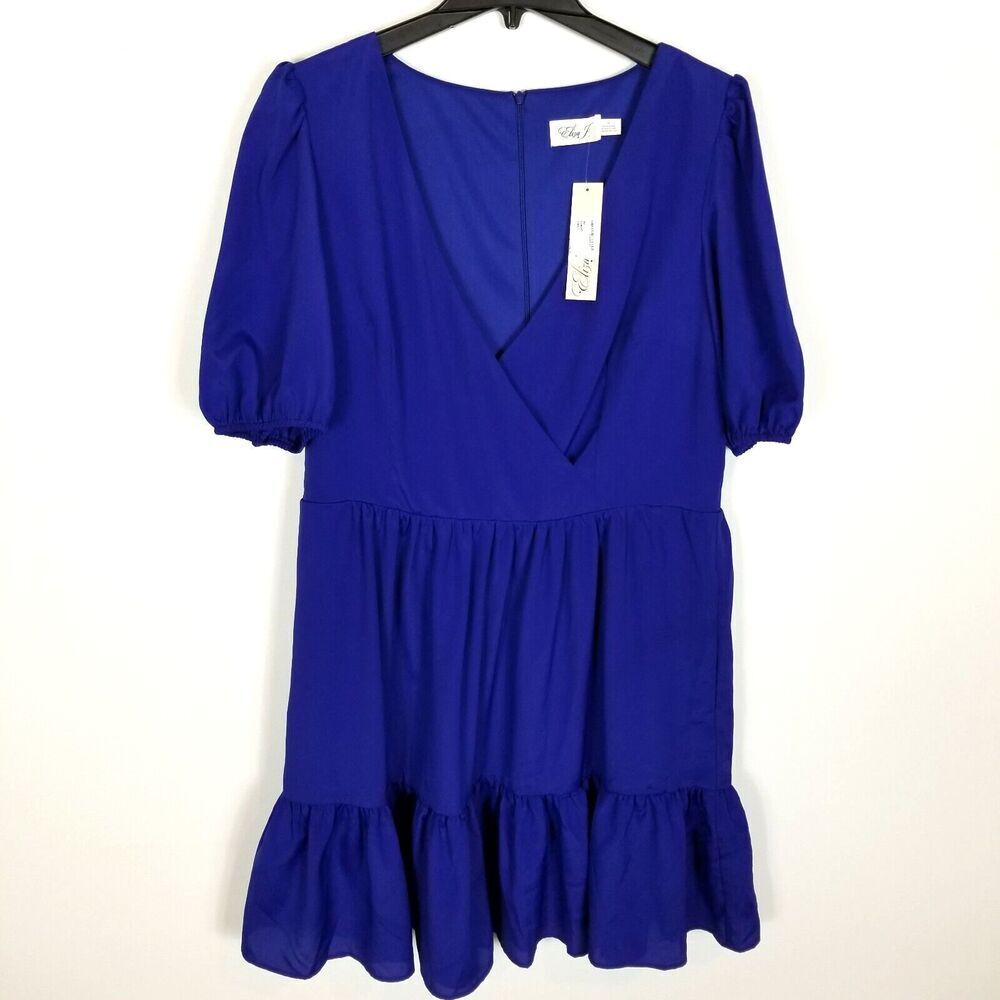 Eliza J Women Surplice Neck Puff Sleeve‎ Fit & Flare Dress Sz 16 Blue Mini Party